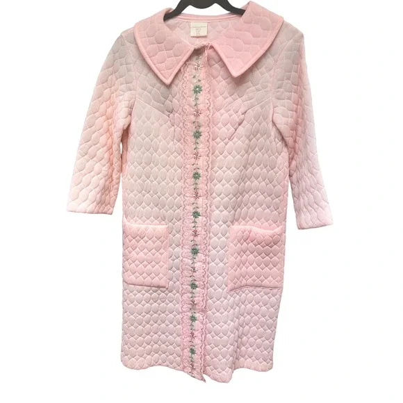 Vintage 60's Pink Quilted Floral Embroidered  Robe Housecoat Size 12 202 - Picture 2 of 7